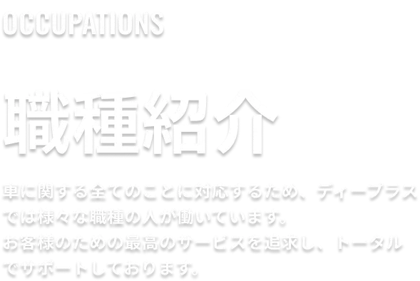 職種紹介。車に関する全てのことに対応するため、ディープラスでは様々な職種の人が働いています。お客様のための最高のサービスを追求し、トータルでサポートしております。